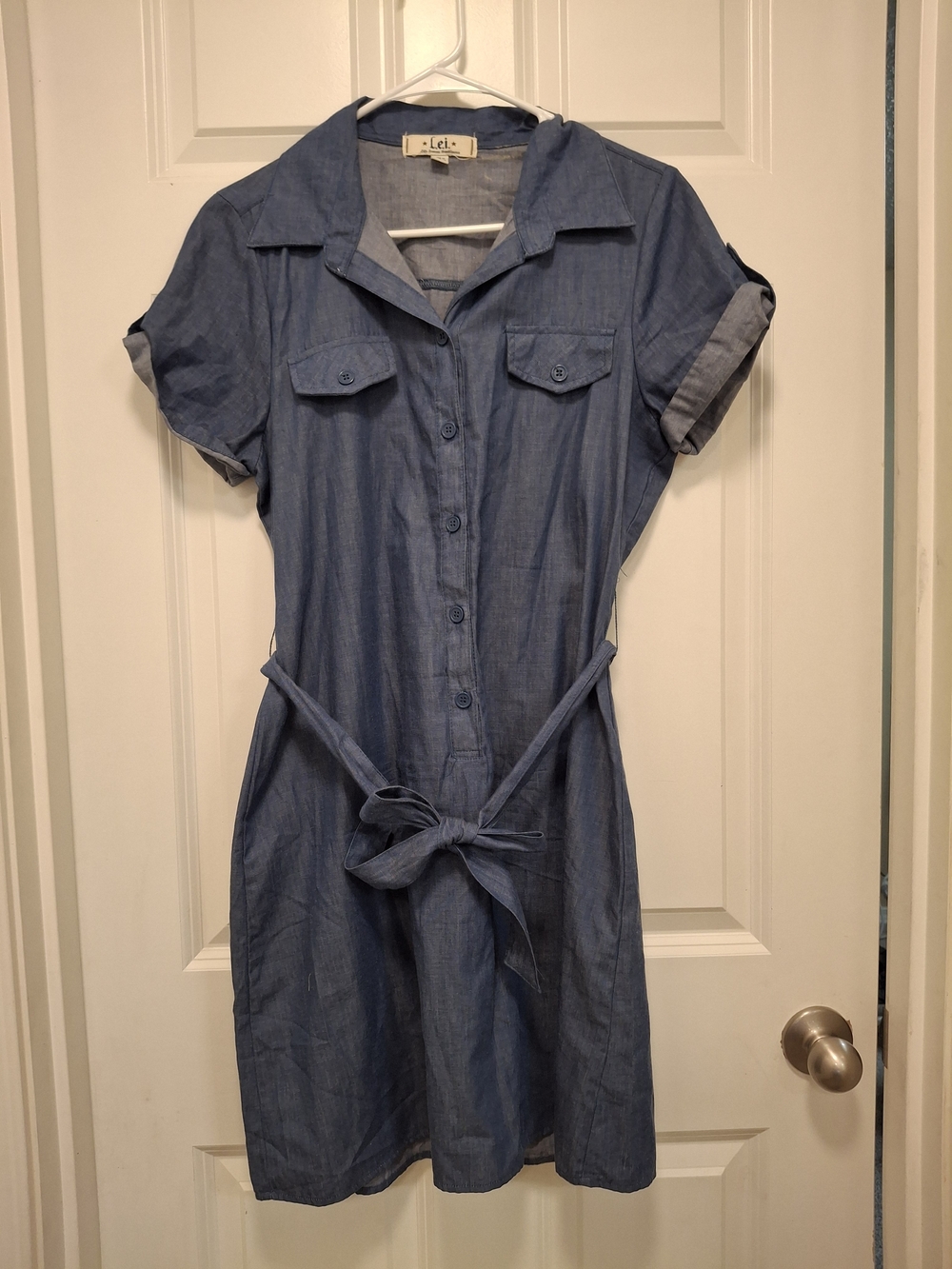 lei Blue Chambray Short-Sleeve Shirt Dress with Self-Tie